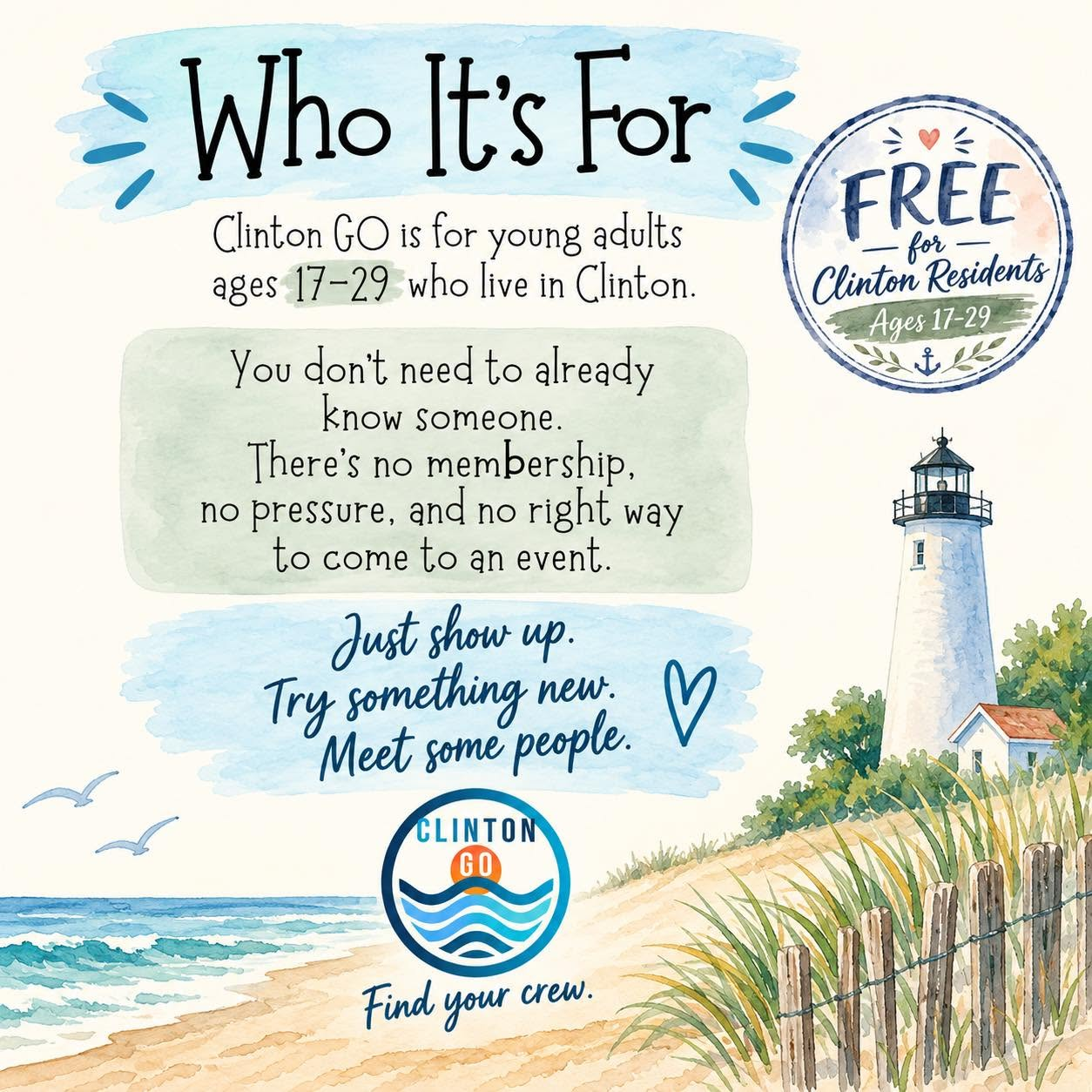 A watercolor promotional flyer with text reading "Who It's For" and details about a free community event for young adults on a beach background.